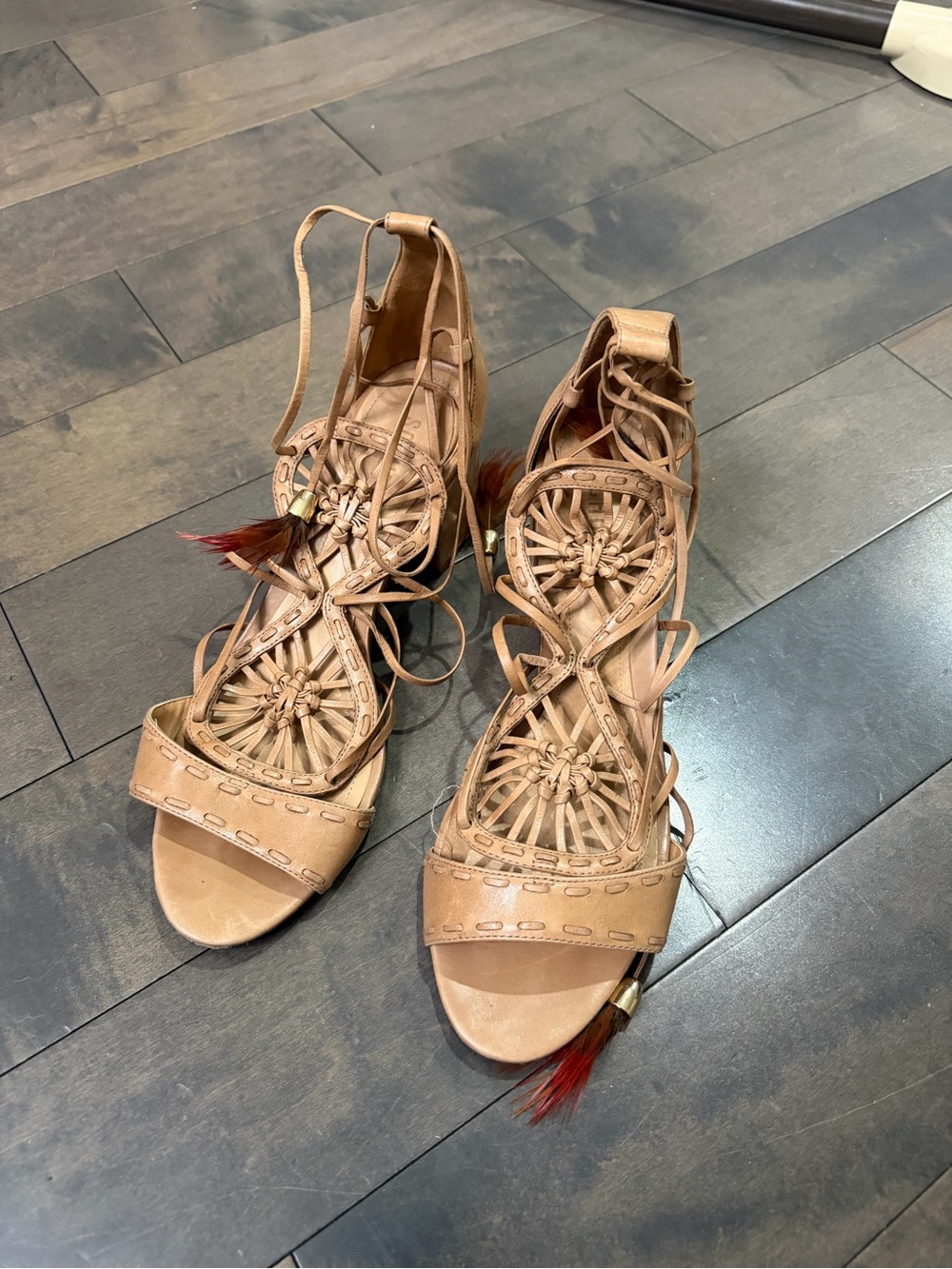 Schutz Lace-Up Block Heels with Feather Detail